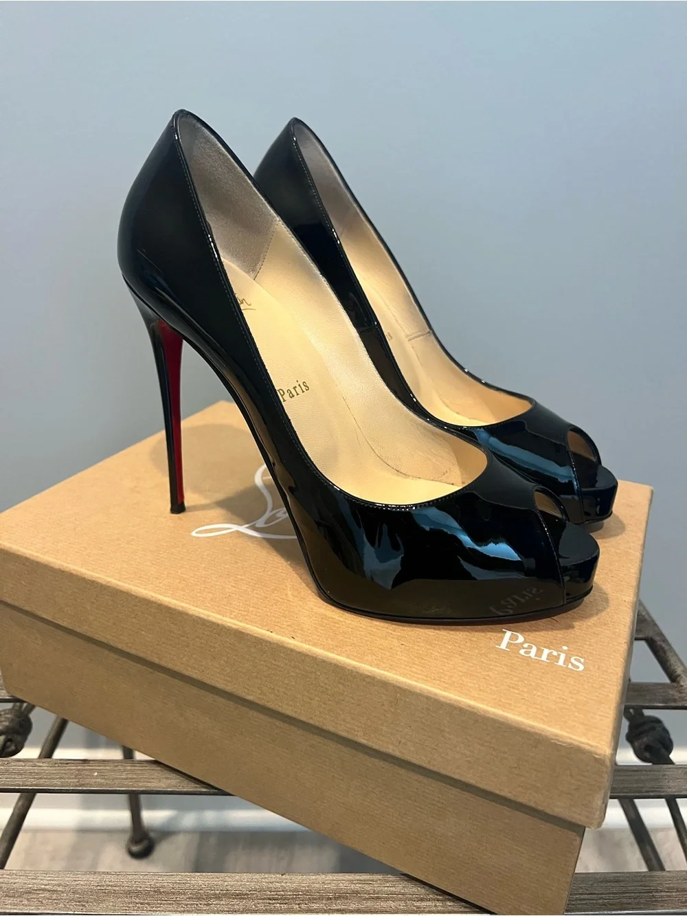 Christian Louboutin Black Patent Peep-Toe Pumps with Red Soles
